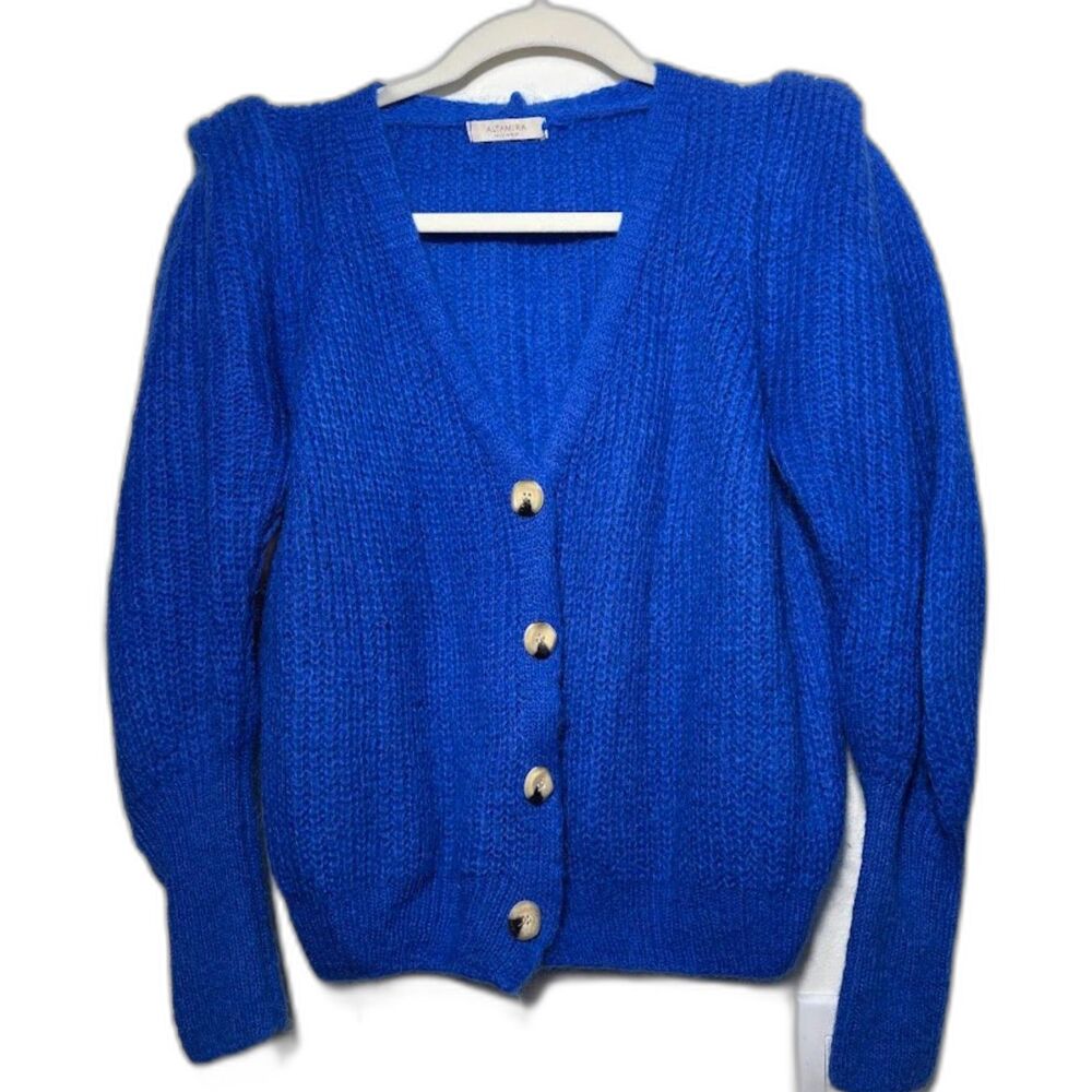 AltaMira Milano Cardigan Sweater Size Medium Royal Blue Mohair Puff Sleeve Knit